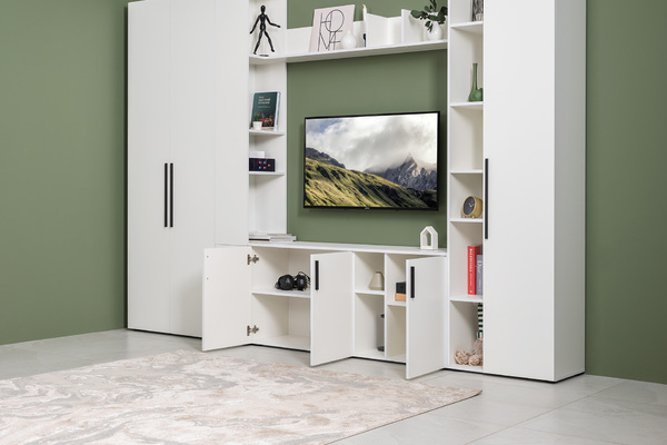 Тумба под ТВ Эйр 16.55 белый PE шагрень, собирается на любую сторону