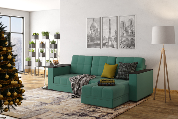 Диван-кровать угловой Атлант со столиком велюр зеленый со спальным местом (сборка на любую сторону)
