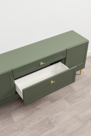 Гостиная Марион композиция 2 дымчатый зеленый K521, олива шагрень AG 1050 ПВХ, белый PE шагрень (собирается на любую сторону)