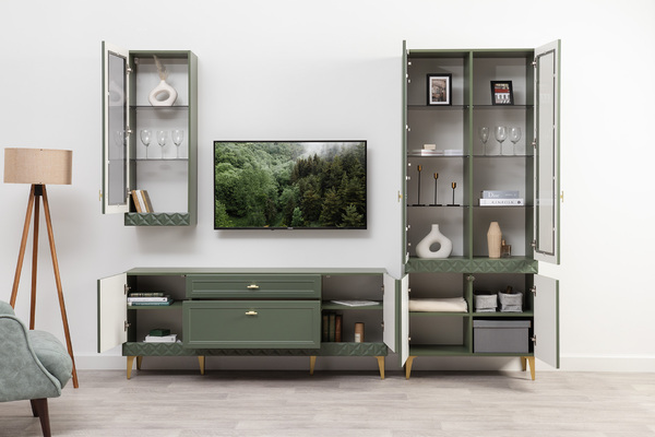 Гостиная Марион композиция 2 дымчатый зеленый K521, олива шагрень AG 1050 ПВХ, белый PE шагрень (собирается на любую сторону)