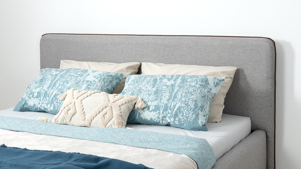 Кровать Миа 160 рогожка серый, кант желтовато-коричневый с ортопедическим основанием и подъемным механизмом