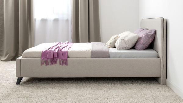 Кровать Миа 160 рогожка светло-бежевый, кант желтовато-коричневый с ортопедическим основанием и подъемным механизмом