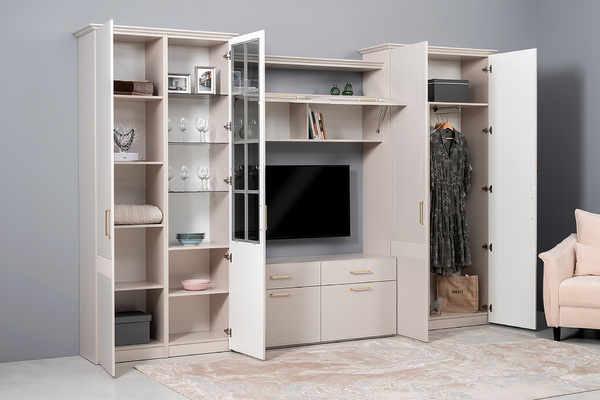 Гостиная Ричфорд композиция 1 без карнизов, кашемир 5981 BS, моно керамика D166-2 ПВХ, белый PE шагрень (собирается на любую сторону)