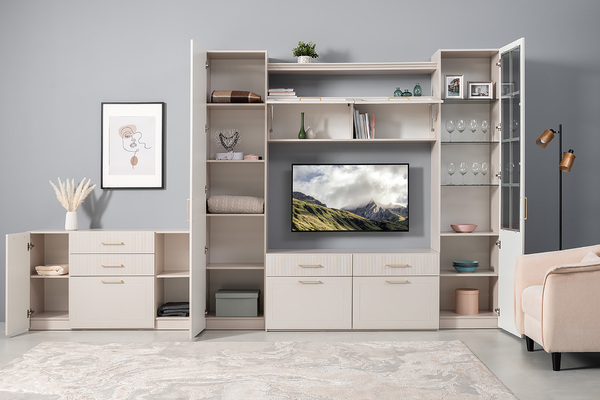 Тумба под ТВ Ричфорд 16.61 кашемир 5981 BS, моно керамика D166-2 ПВХ, белый PE шагрень